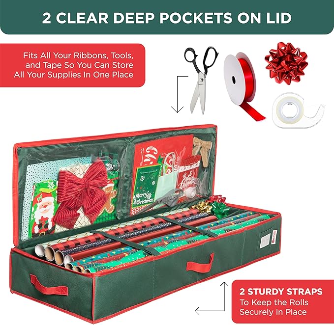 HOLDN’ STORAGE Premium Wrapping Paper Storage Container - Durable 600D Tear-Proof, Fits 27 Rolls Gift Wrap, Extra Pockets for Ribbons & Bows, Underbed Storage - Ideal for Holiday Christmas, Green