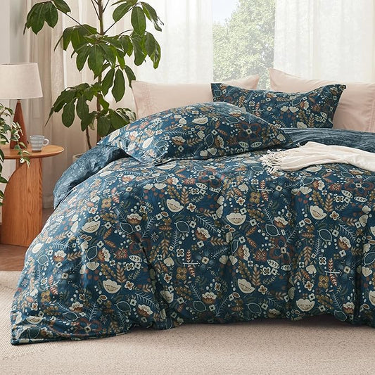 Bedsure Duvet Cover King Size - Reversible Floral Duvet Cover Set with Zipper Closure, 3 Pieces Navy Blue Bedding Set with 8 Corner Ties and 2 Pillow Shams 20"x36"