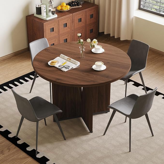 HIPIHOM Modern Round Dining Table Set for 4, 39.4" Walnut Kitchen Table with 4 PU Leather Chairs, 5-Piece Mid-Century Dining Room Set for Small Spaces, Pedestal Base
