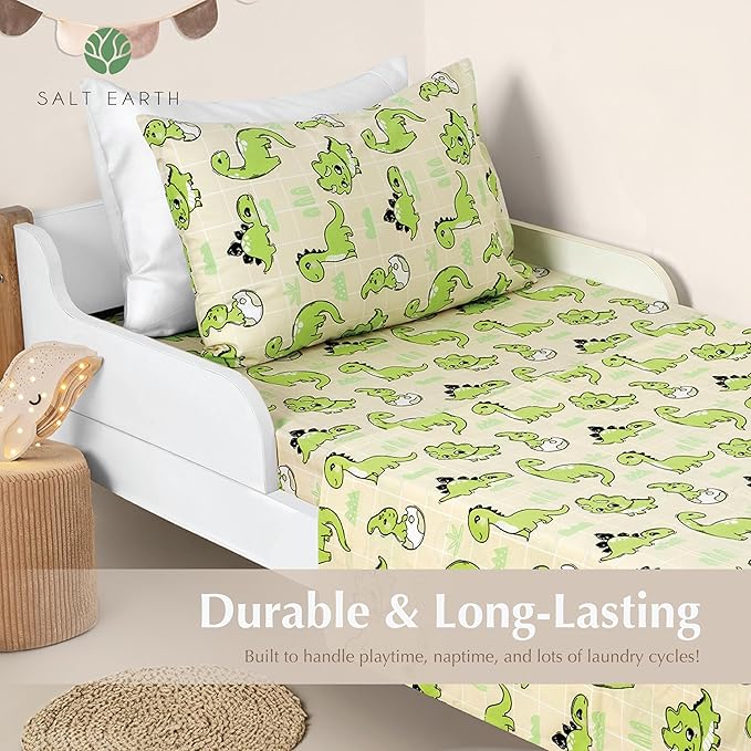 Salt Earth 100% Cotton 210TC Kids Bedsheet, Twin Sheets Set for Toddler Bed, 3 Piece Bedding Set Including Flat Sheet, Fitted Sheet, and Pillowcase, Themed Cute Sheets for a Playful Kids Bed (Dino)