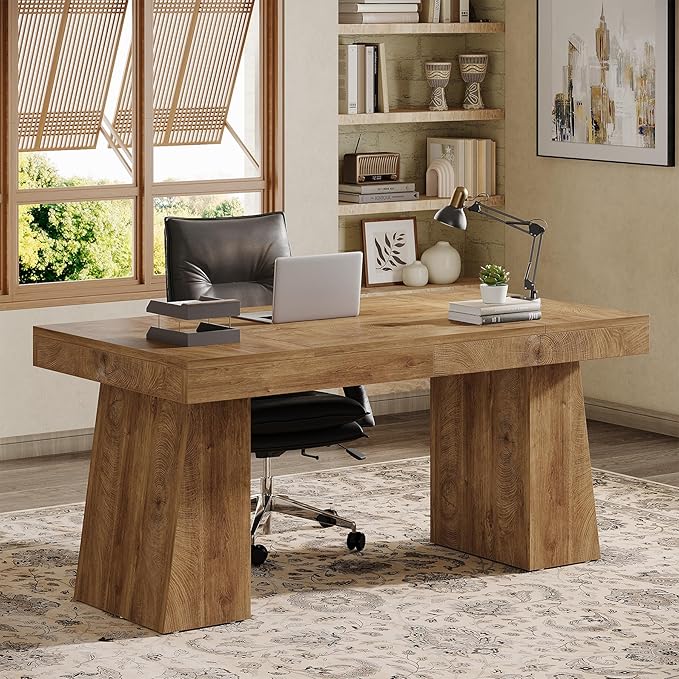 Tribesigns 55" Executive Desk, Wooden Office Desk with Double Pedestal, Modern Simple Computer Writing Table for Home Office, Light Brown