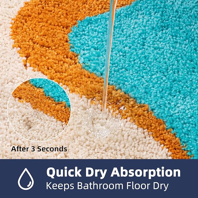 Funky Tufted Bathroom Rugs Non Slip Absorbent Fluffy Microfiber Cute Bath Mat for Bathroom with Colorful Wave Pattern, Small Floor Rug for Toilet, Tub, Machine Washable, 16"x24", Multicolor