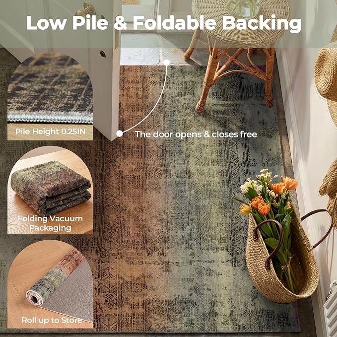 Kokia Abstract Area Rugs 8x10 Bedroom Soft Living Room Rugs Washable Distressed Vintage Comfy Carpet with Non-Slip Backing for Farmhouse Home Office Room Decor, Warm Brown and Dark Sage Green