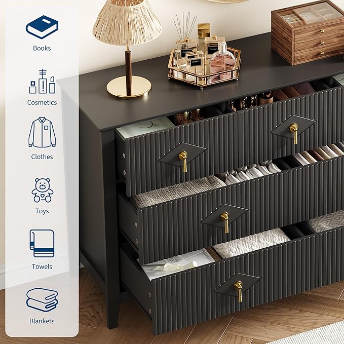 GarveeHome Fluted Dresser for Bedroom, 54 Inch Wide 7-Drawer Wood Dresser, Modern Chest of Drawers, Storage Organizer Cabinet for Living Room, Hallway, Entryway, Black