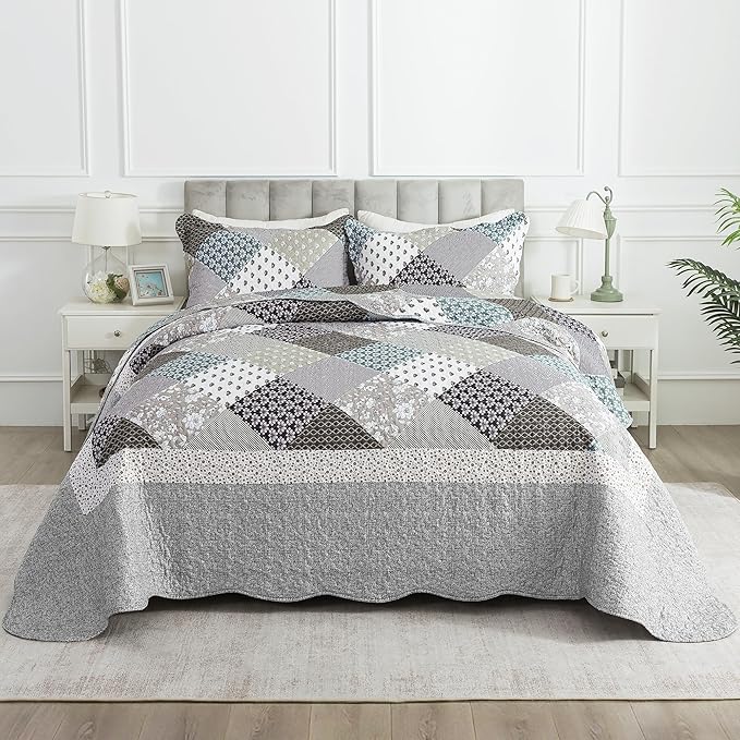 HoneiLife King Size Quilt Set - 3 Piece Microfiber Quilts Reversible Bedspreads Patchwork Coverlets Rustic Bedding Set for King Bed