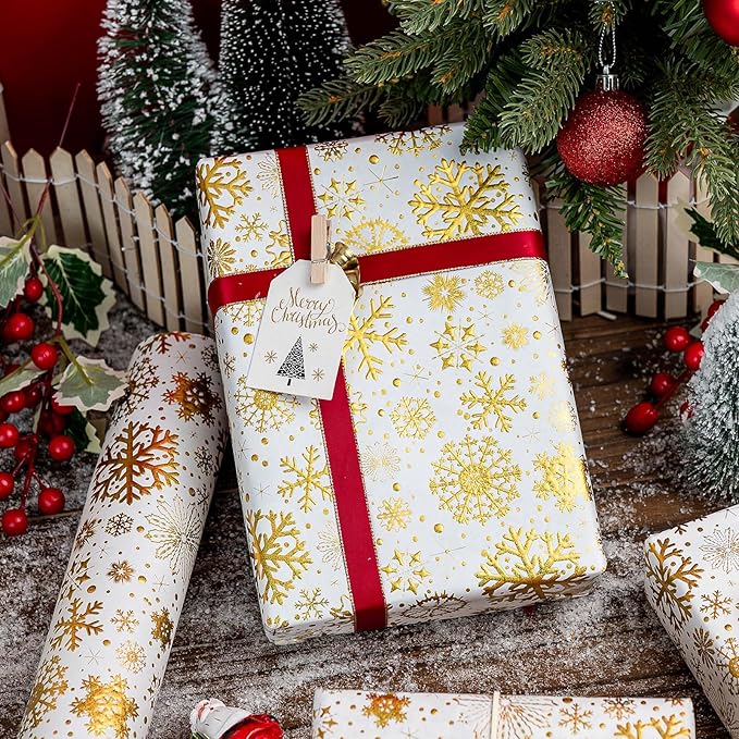 Flyhill Kraft Christmas White Wrapping Paper,Gold Luxury Snowflake Metallic Gold Embossed Foil Gift Wrap Roll Design for Holiday, Party,Celebration, New Year (17 Inch X 32.8 Feet)