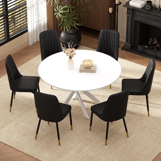RGZ Mid Century White Round Dining Table Set for 6, 47" Large Wooden Circle Kitchen Table & 6 Black PU Leather Kitchen Chairs, Dinner Table Set for Home, Apartment, Dining Room