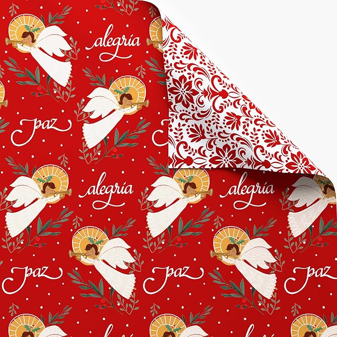 American Greetings Reversible Religious Christmas Wrapping Paper Roll with Angels, Red and White Holiday Gift Wrap (60 sq. ft., 1 Standard Roll Wrap-30 in. x 24 ft.) Papel de Regalo de Navidad