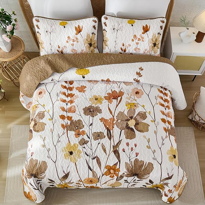 Anibedding Brown Quilt Set King Size, Floral Bedspread with 2 Pillowcases, Soft Microfiber Lightweight Coverlet Bedding Set for All Season(104"x90")