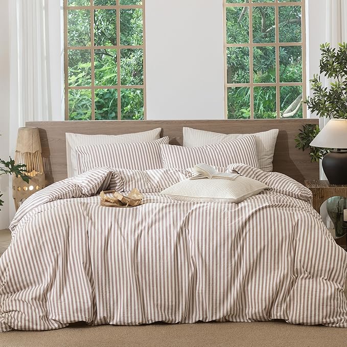MooMee Striped Duvet Cover Set 100% Washed Cotton Linen Like Textured Breathable Durable Soft Comfy (Orange Classic Stripes, Oversized Queen 98"x98")