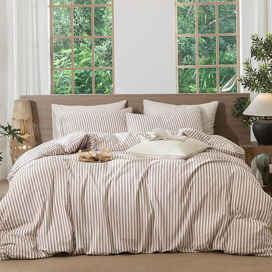 MooMee Striped Duvet Cover Set 100% Washed Cotton Linen Like Textured Breathable Durable Soft Comfy (Orange Classic Stripes, Oversized Queen 98"x98")