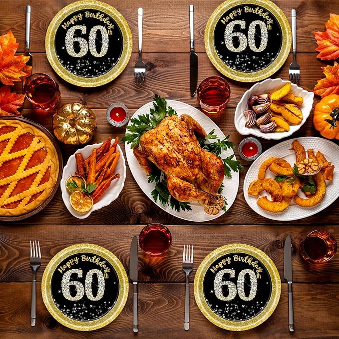 72 Pcs 60th Birthday Paper Plates and Napkins Party Supplies, Back Gold 60th Birthday Party Plates and Napkins Tableware Set for Men Women Cheers to 60 Years Decorations Serves 24