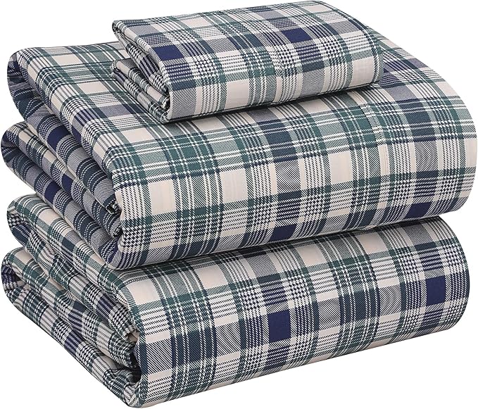 RUVANTI 100% Cotton Twin XL Sheet Sets, 3 Pieces, Soft & Breathable Percale Weave Bedding, Deep Pocket 16", Hotel Standard, Crisp Cool Feel, Durable, Perfect Size Plaid Sheets, Greenish Blue Plaid