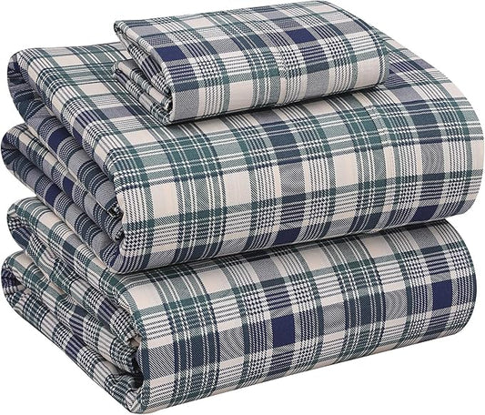 RUVANTI 100% Cotton Twin XL Sheet Sets, 3 Pieces, Soft & Breathable Percale Weave Bedding, Deep Pocket 16", Hotel Standard, Crisp Cool Feel, Durable, Perfect Size Plaid Sheets, Greenish Blue Plaid
