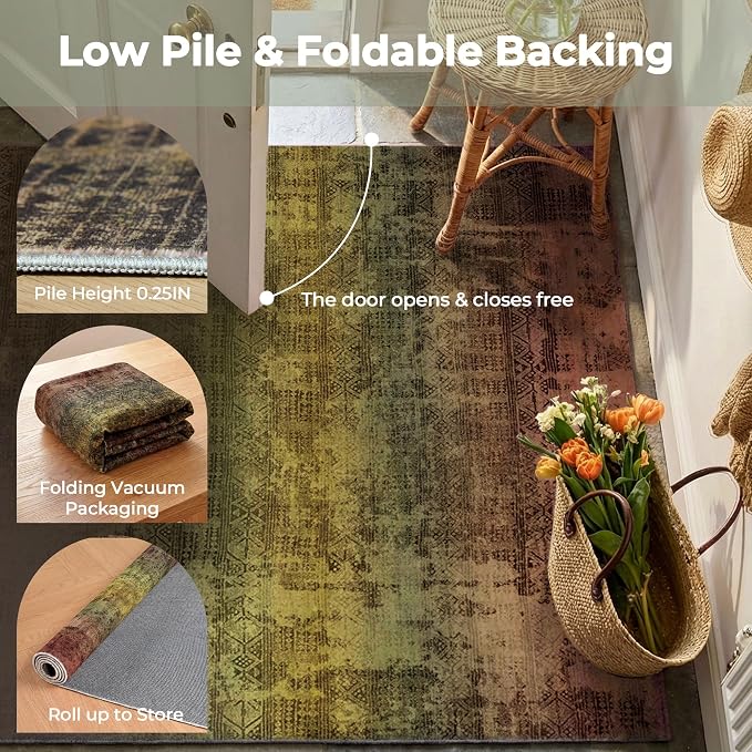 Kokia Abstract Terracotta Area Rugs Boho Washable Distressed Retro Indoor 6x9 Rug Low Pile Non-Slip Non-Shedding Carpet Bedroom Living Room Dining Room, Brown and Tan