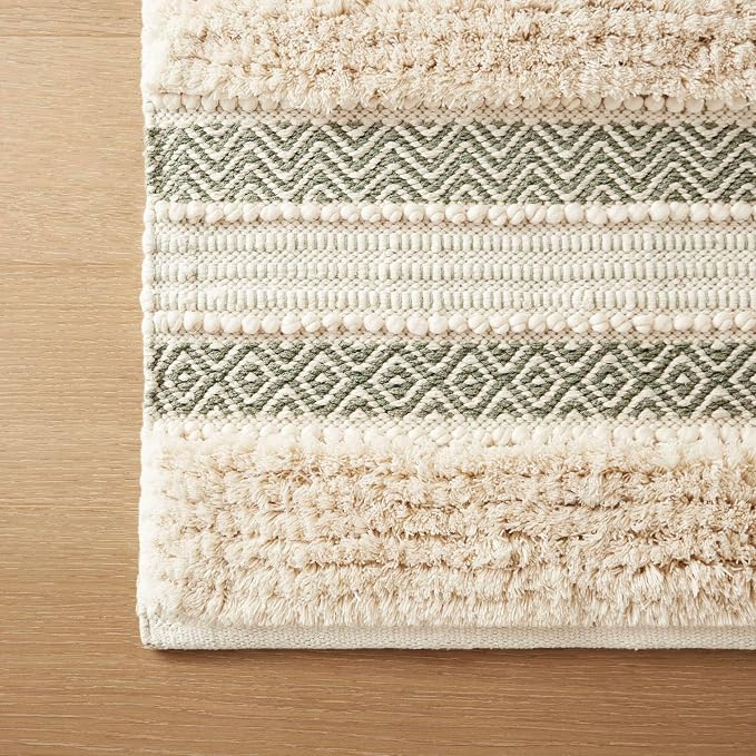 Ink+Ivy Bath Rug Hand-Woven Texture Shaggy Striped Soft & Water Absorbent, Boho Bathroom Décor Bath-Mats, Non-Slip Absorbent Quick Dry Mats for Tub, Shower Room, Asher, 22x58, Sage Green 1 Piece