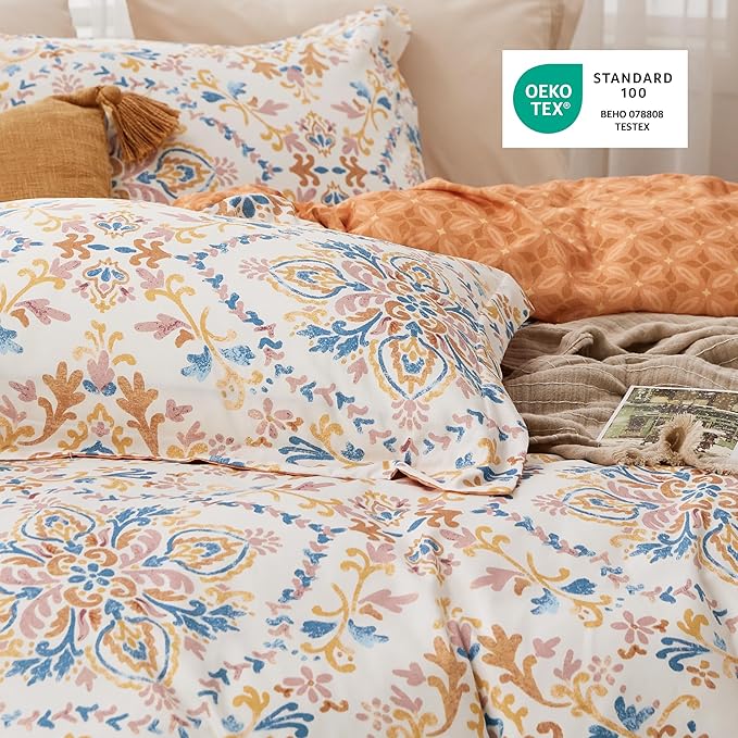 Bedsure Duvet Cover King Size - Reversible Floral Duvet Cover Set with Zipper Closure, 3 Pieces Bohemian Orange Bedding Set with 8 Corner Ties and 2 Pillow Shams 20"x36"