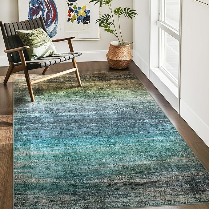 Kokia Abstract Teal Area Rug Living Room Washable 4x6 Non-Slip Stain Resistant Bohemian Rug Soft Indoor Vibrant Carpet for Bedroom Room Decor, Blue and Green