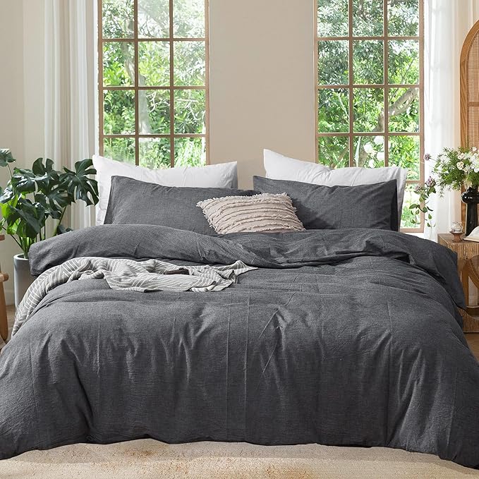 MooMee Bedding Duvet Cover Set 100% Washed Cotton Linen Like Textured Breathable Durable Soft Comfy (Heathered Dark Grey, Super Queen 90"x98")