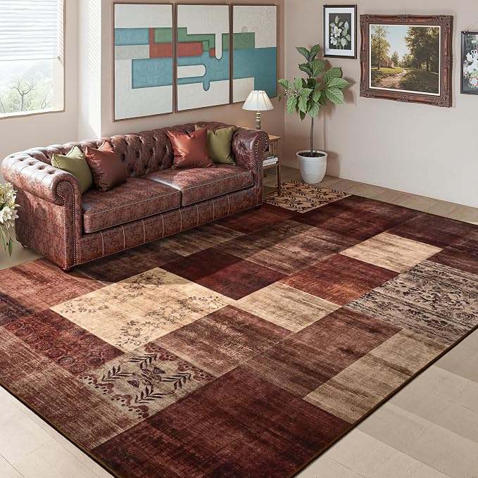Tepook Modern Area Rug for Living Room, 8x10 Geometric Large Rugs for Bedroom, Washable Patchwork Rug Indoor Non-Slip Throw Carpets for Dining Room Office Farmhouse Home Decor, Red