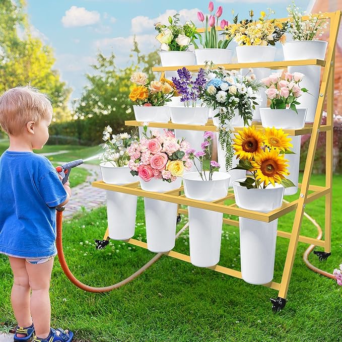 PROLEE Flower Display Stand with 12 Buckets, Flower Cart 3 Layers, Flower Stand Metal with Wheels, Moving Florist Bouquet Shelf, Triangular Rack, Gold