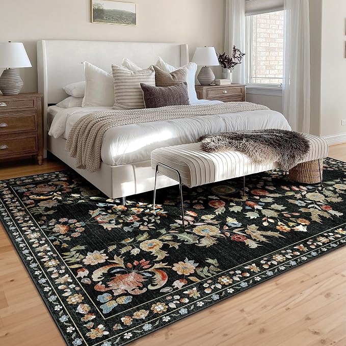 MUJOO 9x12 Area Rug Washable,Large Floral Rugs for Living Room Bedroom Dining Room,Boho Indoor Floor Rug Non Slip Throw Carpet Low Pile Vintage Black