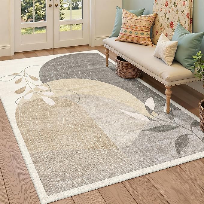 MUJOO 3x5 Washable Rugs,Boho Large Area Rug for Entryway Kitchen Entry Bedroom Bedside Foyer,Small Throw Carpet Indoor Non Slip Mid Century Modern Abstract Botanical Geometric Accent Neutral Beige