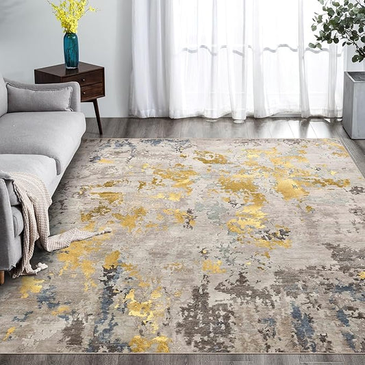 vivorug Washable Rug, Ultra Soft Area Rug 6x9, Non Slip Abstract Rug Carpet, Stain Resistant Rugs for Living Room Bedroom, Modern Fluffy Rug (Grey/Mustard, 6'x9')
