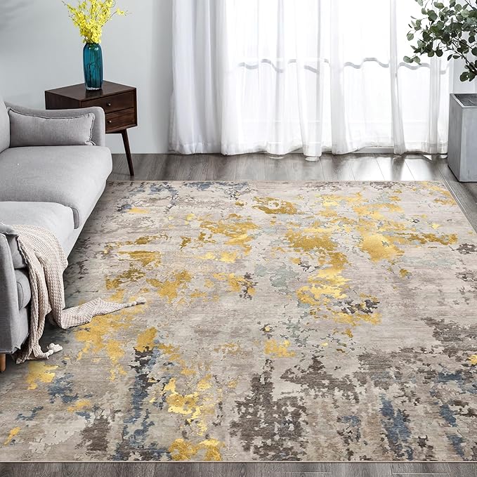 vivorug 5x7 Area Rugs - Ultra-Thin Washable Rug with Non-Slip Backing, Ideal for Living Room, Bedroom, Kitchen Floor Carpet - Modern Abstract, Easy Clean, Durable, Low Pile Grey/Mustard