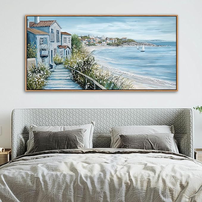 KLAKLA Coastal Decor Nautical Boat on Beach Canvas Picture Ocean Seagull Seascape Canvas Print Farmhouse Artwork for Seashore Bedroom Living Room Large Square Blue Teal 24x48 Inches