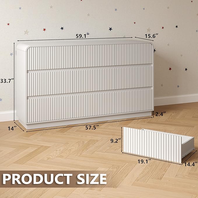 Dresser for Bedroom with 9 Drawers, Fluted Chest of Drawers with Round Curved Corner, Hidden Handles, Modern Wood Storage Organizer for Bedroom, Nursery, Living Room