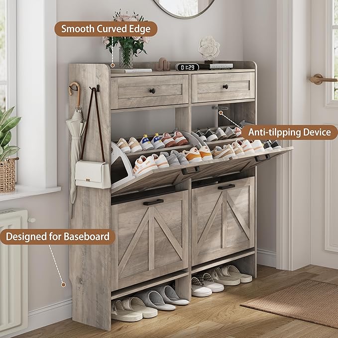 Shoe Cabinet with 4 Flip Drawers & 2 Top Drawers, 43" Tall Freestanding Narrow Wooden Shoe Storage Organizer for Entryway, Hidden Slim Shoe Rack for Front Door Entrance, Hallway, Living Room, Grey