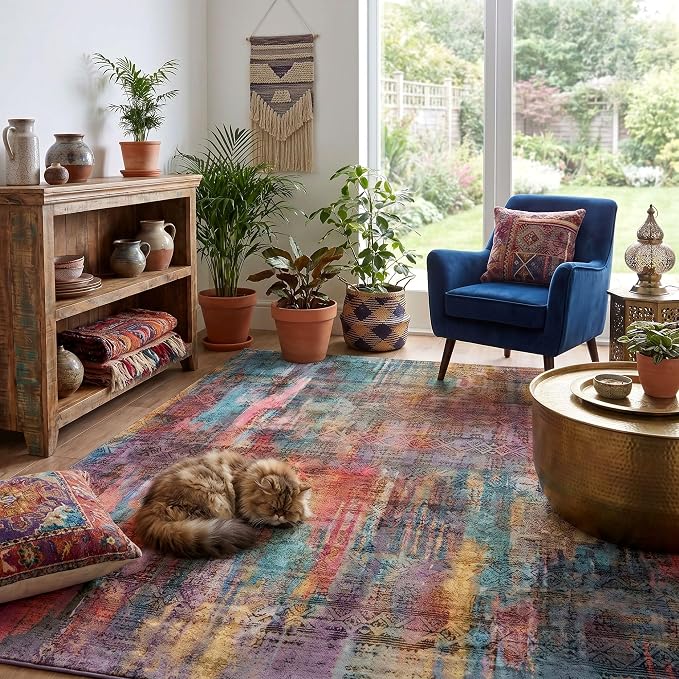 Kokia Abstract Area Rugs Washable Indoor 6x9 Rug Boho Distressed Retro Low Pile Non-Slip Non-Shedding Brick Ochre Carpet Bedroom Living Room Dining Room, Oslo Cave