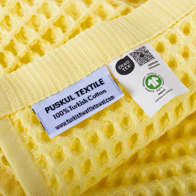 PÜSKÜL Natural 100% Turkish Cotton Waffle Kitchen Towels Set of 3 | Oeko-Tex, Premium Waffle Hand Towels for Bathroom | Soft Absorbent Quick-Dry Lint-Free Dish Towel Large 32x16 inch (3, Light Yellow)