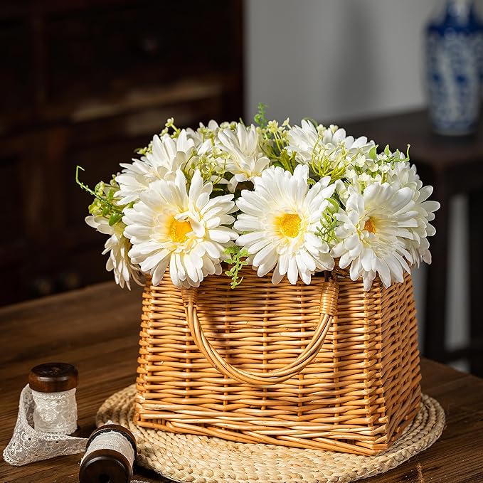 TOPIA Fake Flowers Artificial Daisies & Gerbera Bouquet Silk White 10 Stems Match with Wild Flowerets