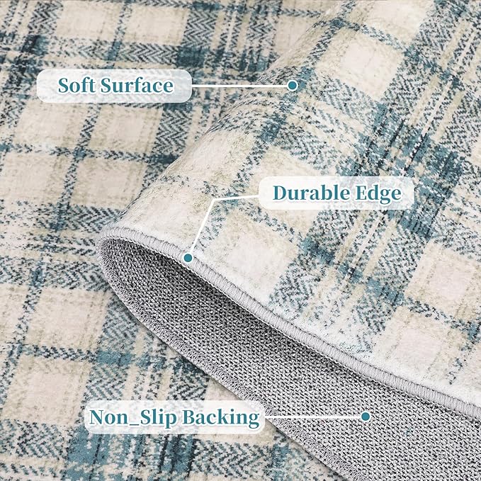 Washable Rugs Runner Rug 2x6 Modern Plaid Area Rug Soft Carpet 2'x6' Green/Beige