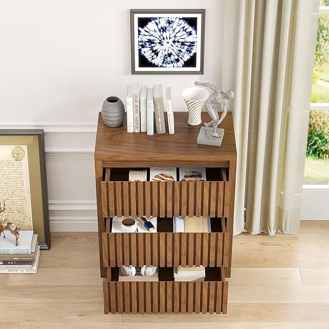 Fluted 3 Drawer Dresser, Mid Century Small Dresser for Bedroom, Wood Chest of Drawers, Modern Closet Clothes Organizer, Walnut Wooden Storage for Living Room, Brown