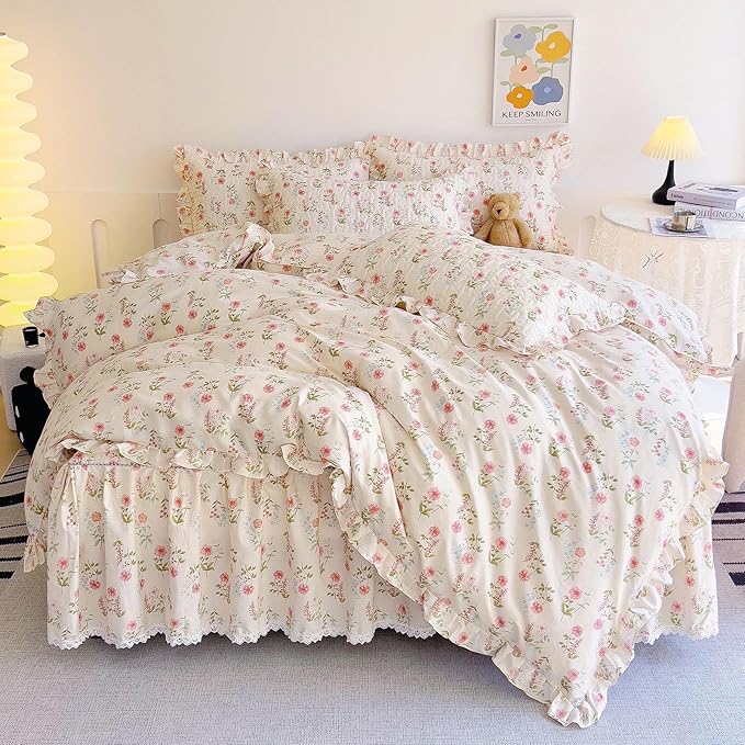 EAVD French Garden Style Pink Flower Duvet Cover with Ruffles Queen Soft Cotton Chic Shabby Pink Floral Bedding Set with 2 Pillowcases Romantic Botanical Print Duvet Cover with Zipper Closure