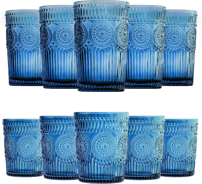 Loivttvv 12pcs Vintage Drinking Glasses Set, 12 oz Highball Glasses & 9 oz Embossed Ribbed Glassware Cups for Cocktail, Water, Juice, Coffee, Whiskey (Blue)
