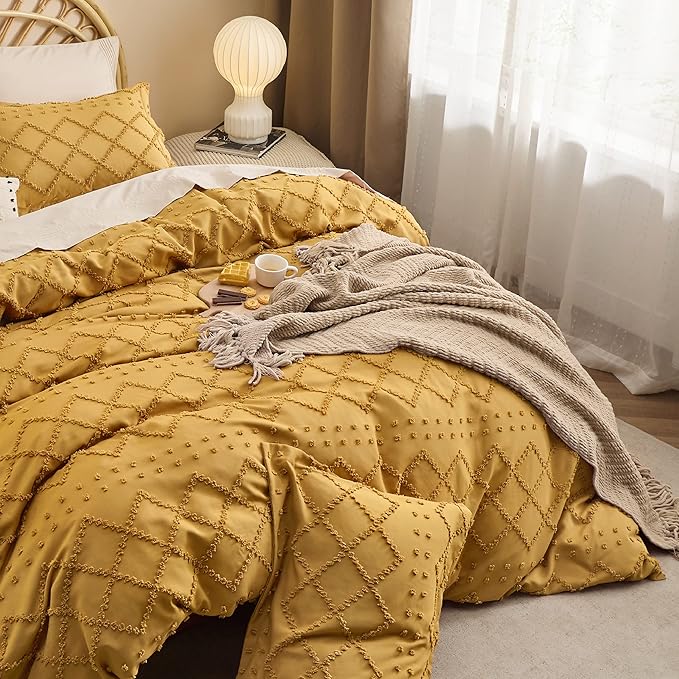 Bedsure Boho Duvet Cover Queen Size,Mustard Yellow Breathable & Soft Boho Bedding, Machine Washable Comforter Cover for All Seasons, Includes 1 Duvet Cover 90"x90" with 2 Pillow Shams & Zipper Closure