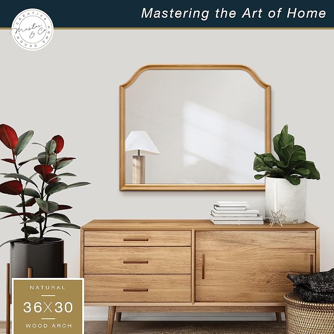 MCS Master & Co. 36x30 Mirror with Natural Woodgrain Solid Wood Frame, Arched Wall Hanging Large Mirror for Bathroom, Bedroom & Livingroom