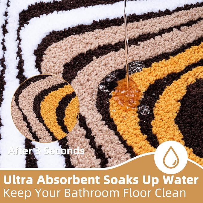 Microfiber Funky Bath Mat, Non Slip Absorbent High Pile Tufted Bath Rug with 3D Striped Pattern, Small Shower Rug for Bathroom Sink, Toilet, Tub, Machine Washable, 16"x24", Brown