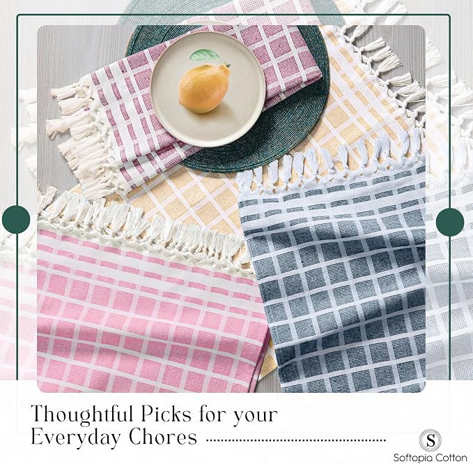 Matrix Dobby Kitchen Towels Set of 4, 100% Cotton, Combo Pack, 16"x26", Absorbent Tea Towels with Tassels, Reusable Cleaning Cloths - Rose Pink, Burgundy, Mustard Yellow, Grey
