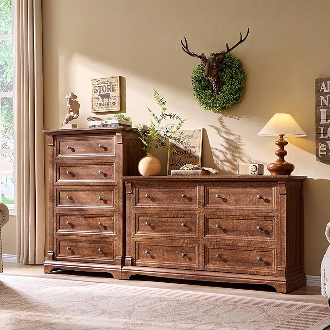 Farmhouse 6 Drawers Dresser for Bedroom, 54" Wide Large Dressers & Chests of Drawers w/Roman Column, Wooden Dresser TV Stand with Large Drawers for Bedroom Living Room Hallway,Reclaimed Barnwood