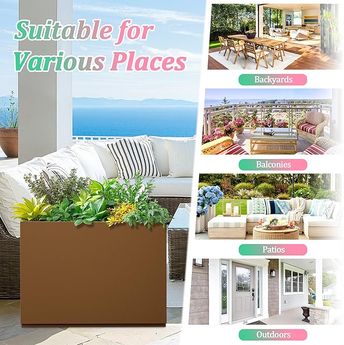 Metal Planter Box Rectangular Planter Box with Drainage Hole, Outdoor Large Planters, All-Weather Use, Rust-Resistance, for Flowers Plants, 35.4" L × 9.1" W × 25.6" H, Brown