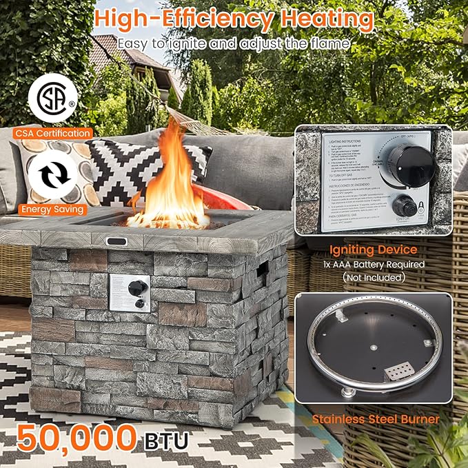 Giantex 34.5" Propane Gas Fire Pit Table - Patio 2-in-1 Outdoor Square Fire Table W/Volcanic Rock & PVC Cover, Stainless Steel Burner, 50,000 BTU Heat Output, Faux Stone Surface, Outside Fireplace