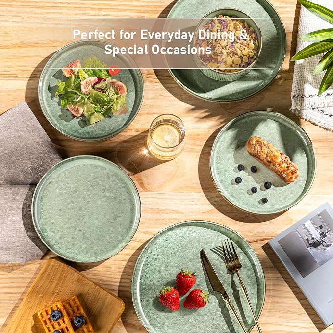 GBHOME 12-Piece Stoneware Dinnerware Set for 4 – Ribbed Ceramic Plates and Bowls, Scratch-Resistant, Microwave & Dishwasher Safe, Reactive Glaze, Pastel Green