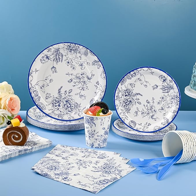 175Pcs Blue Floral Paper Plates and Napkins 25 Guests Blue Toile Chinoiserie Party Supplies Set Include Plates Napkins Cups Spoons Forks Knives for Birthday Wedding