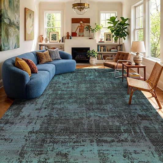 Kokia Abstract Area Rugs 9x12 Bedroom Washable Decor Low Pile Non-Slip Non-Shedding Indoor Deep Teal Carpet Foldable Stain Resistant Floor Mat Living Room Dining Room, Ocean Teal