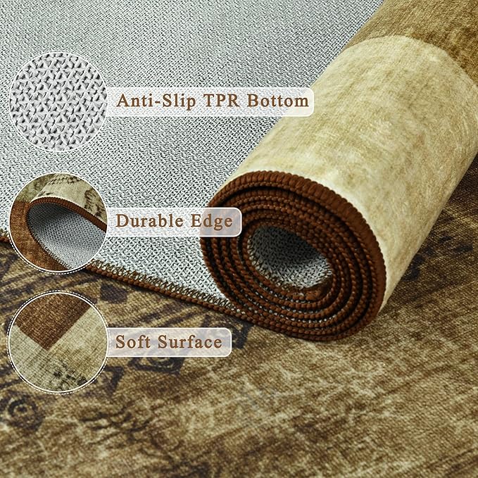 Tepook Modern Runner Rug for Living Room, 2x6 Washable Rugs for Bedroom Hallway, Geometric Patchwork Runner Rug Non-Slip Indoor Throw Carpet for Entryway Kitchen Office Home Decor, Brown